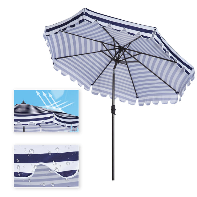 Outdoor Patio Umbrella 9-Feet Flap Market Table Umbrella 8 Sturdy Ribs with Push Button Tilt and Crank, blue/white with Flap[Umbrella Base is not Included]