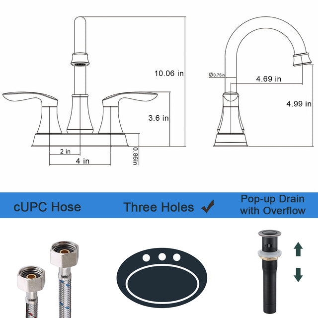 2-Handle 4-Inch Oil Rubbed Bronze Bathroom Faucet, Bathroom Vanity Sink Faucets with Pop-up Drain and Supply Hoses