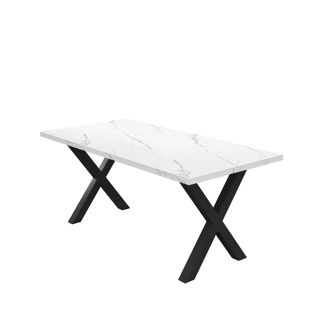 70.87"Modern Square Dining Table with Printed White Marble Table Top+Black X-Shape Table Leg