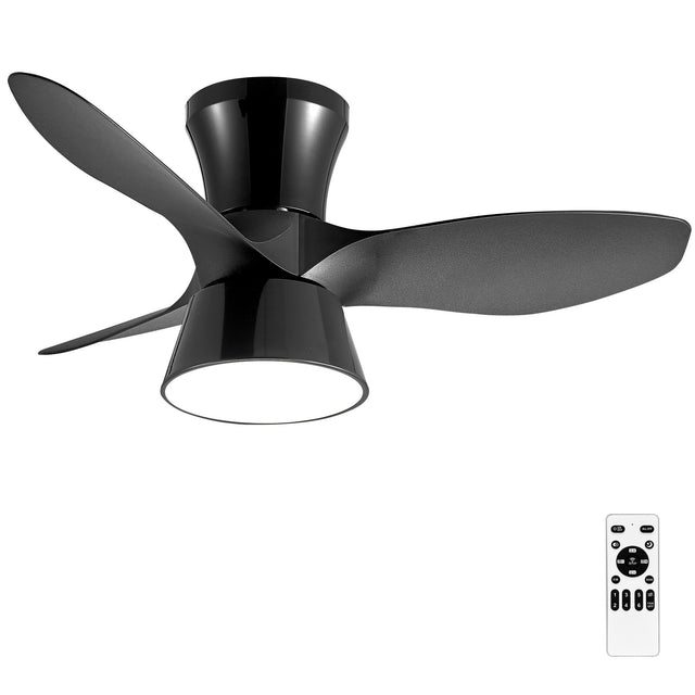 32 Inch Black Flush Mount Ceiling Fan with Light