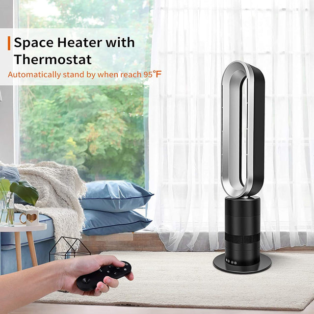 Simple Deluxe 32-inch Space Heater Bladeless Tower Fan, Heater & Fan Combo, 9H Timer 10 Speeds with Remote Control, Air Circulator Fan for Home Air Conditioner, Black & Grey