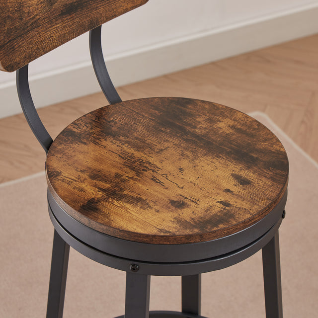 Swivel bar stool set of 2 with backrest, industrial style, metal frame, 29.5'' high.（Rustic Brown，13.4’’w x 40.5’’h）