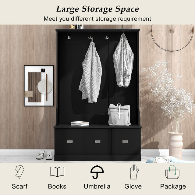 ON-TREND Hall Tree with 4 Hooks and 3 Large Drawers, Coat Hanger, Entryway Bench, Storage Bench, 3-in-1 Design, for Entrance, Hallway (Black)