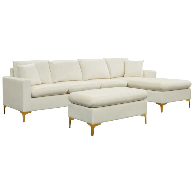 【EAT 3.10】110.6" Sectional Sofa with Ottoman, L-Shape Elegant Velvet Upholstered Couch with 2 Pillows for Living Room Apartment,Cream White