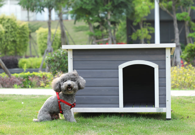 Outdoor Wooden Dog House with Hinges,Raised Feet,Openable Asphalt Roof&Removable Floor