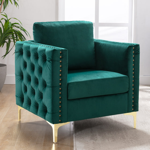 Modern Velvet Armchair Tufted Button Accent Chair Club Chair with Steel Legs for Living Room Bedroom，Green