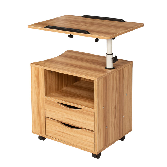 Height Adjustable Overbed End Table Wooden Nightstand with Swivel Top, Storage Drawers, Wheels and Open Shelf,  (White Maple)