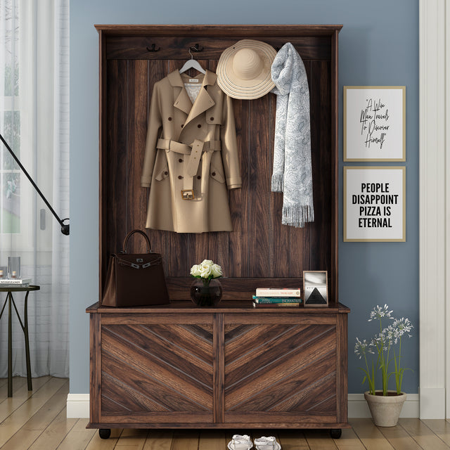 U-Can Hall Tree with 4 Hooks , Coat Hanger, Entryway Bench, Storage Bench, 3-in-1 Design, 40INCH, for Entrance, Hallway (Tiger)