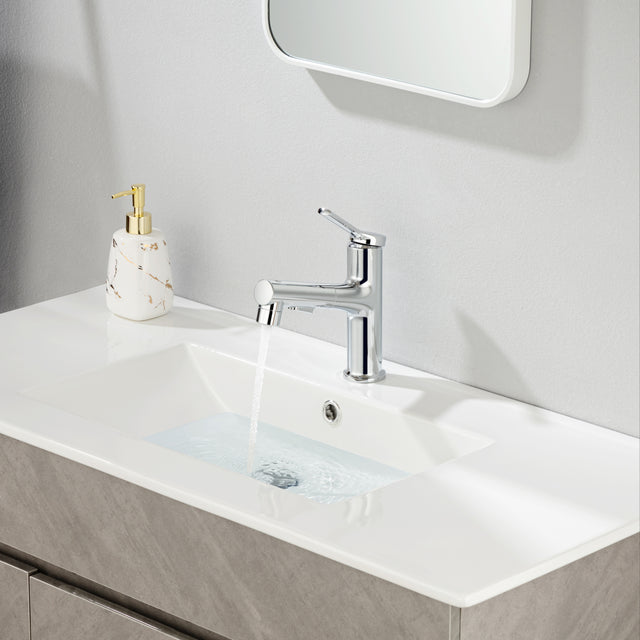 Single Hole Bathroom Faucet with Pull Out Sprayer, Dual Spray Modes, Solid Brass Polished Chrome Bathroom Faucet for Sink, Modern One Handle Bath Vanity Faucet with Face Basin Mixer Tap\\nVisit the YI