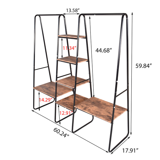 Metal Clothing Rack Garment ,Clothing Rack with 6 Shelves, 4 -Tiers Wood Shelves Heavy Duty Clothes Rack  for Hanging Clothes,Standing Coat Rack,Bedroom Clothes Storage and Organizer,Black