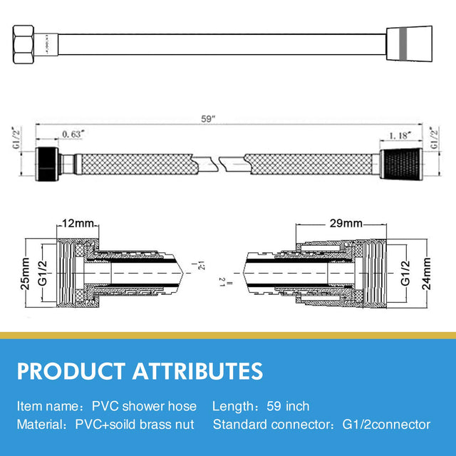 PVC Shower Hose 59 Inches Extra Long Smooth Handheld Shower Hose Flexible Anti-Kink Handheld Shower Head Hose with brass spin inner core White
