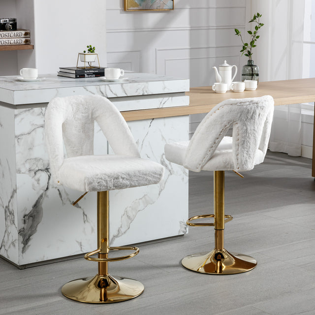 Golden Swivel Velvet Barstools Adjusatble Seat Height from 25-33 Inch, Modern Bar Stool & Counter Stools with Nailheads for Home Pub and Kitchen Island,Set of 2, Faux White Rabbit Hair