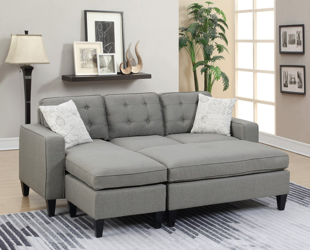 Reversible 3pc Sectional Sofa Set Light Grey Tufted Polyfiber Wood Legs Chaise Sofa Ottoman Pillows Cushion Couch