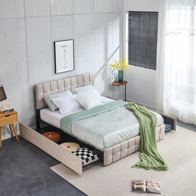 Upholstered Storage Bed Frame with 4 Drawers and Adjustable Headboard, Square Stitched Button Tech cloth, Platform Beds Frame with Wood Slat Support, No Box Spring Needed, Queen Size, Beige