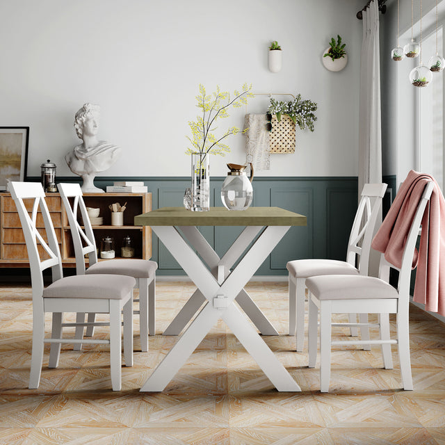 TOPMAX 5 Pieces Farmhouse Rustic Wood Kitchen Dining Table Set with Upholstered 4 X-back Chairs, Gray Green+White+Beige