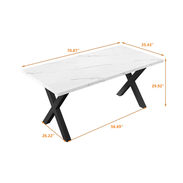 70.87"Modern Square Dining Table with Printed White Marble Table Top+Black X-Shape Table Leg