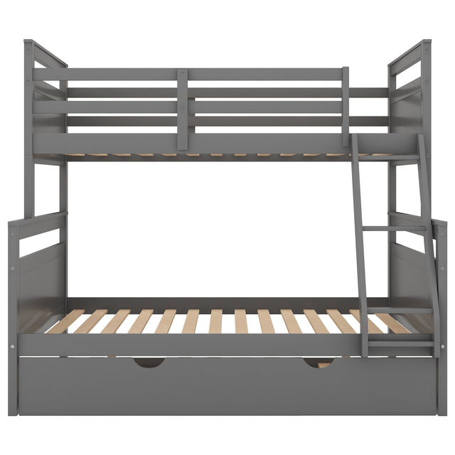 Twin over Full Bunk Bed with Ladder, Twin Size Trundle, Safety Guardrail, Gray