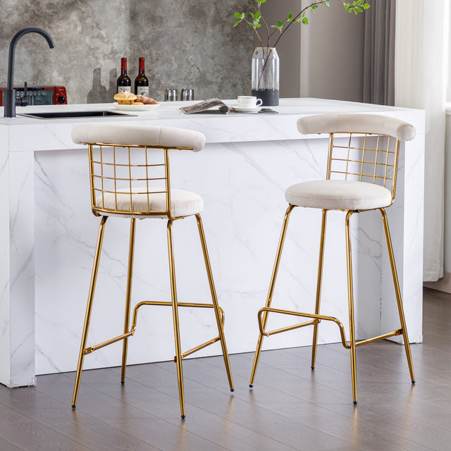 Bar Stool Set of 2, Luxury Velvet  High Bar Stool with Metal Legs and Soft Back, Pub Stool Chairs Armless Modern Kitchen High Dining Chairs with Metal Legs, Beige