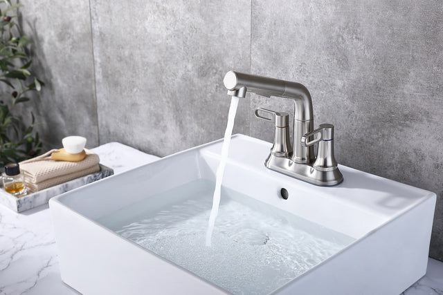 2 Handle Bathroom Sink Faucet 3 Hole with Pull Out Sprayer, Centerset Bathroom Faucets, 4 Inch Centerset Bathroom Faucet with Retractable Hose, Hot and Cold Water Mixing Faucet