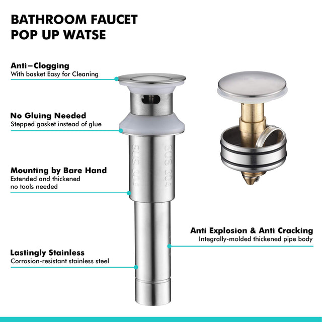 Sink Drain Stopper Bathroom 1.75 In, Pop-Up Drain Stainless Steel With Overflow Anti-Clogging for Vessel Sink Lavatory Vanity Sink Drain with Strainer Basket, Brushed Nickel.