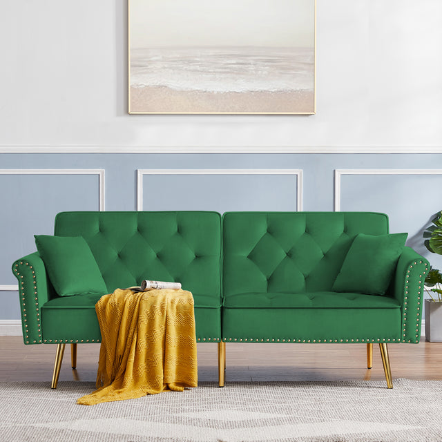 Modern Velvet Tufted Sofa Couch with 2 Pillows and Nailhead Trim, Loveseat Sofa Futon Sofa Bed with Metal Legs  for Living Room.