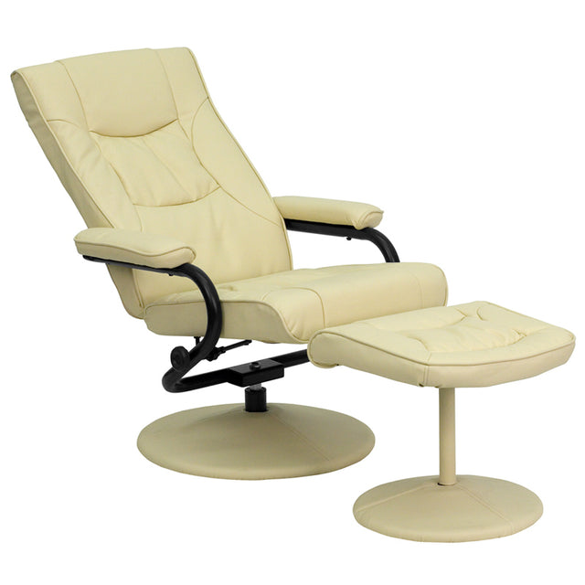 Contemporary Cream Leather Recliner and Ottoman with Leather Wrapped Base