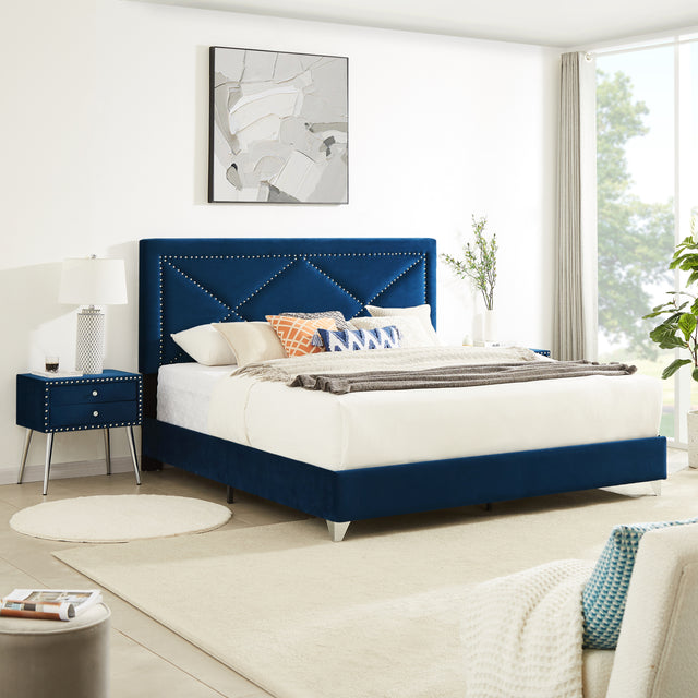 B109 King bed with two nightstands,Beautiful brass studs adorn the headboard, strong wooden slats + metal legs with Electroplate