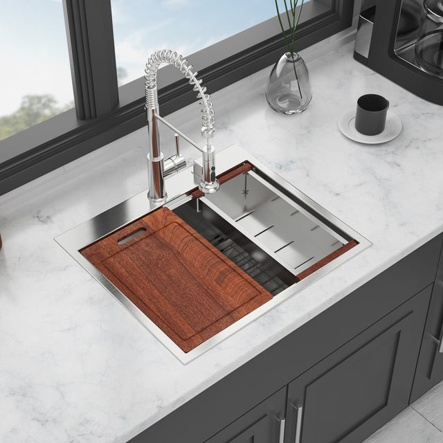 25 in Kitchen Sink Stainless Steel 16 Gauge Ledge Workstation Sink Drop-in Topmount Single Bowl Single Bowl Sink