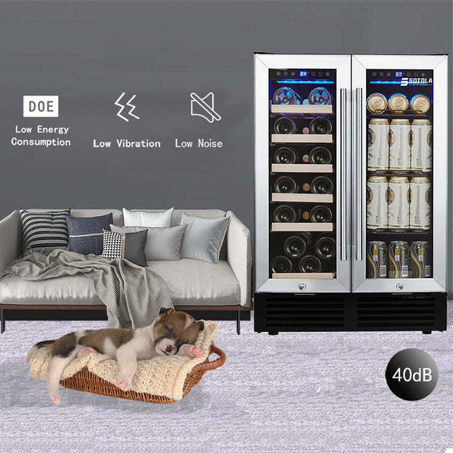 SOTOLA  24'' Wine Cooler Refrigerator - Dual Zone Built-in or Freestanding Fridge with Stainless Steel Tempered Glass Door and Temperature Memory Function