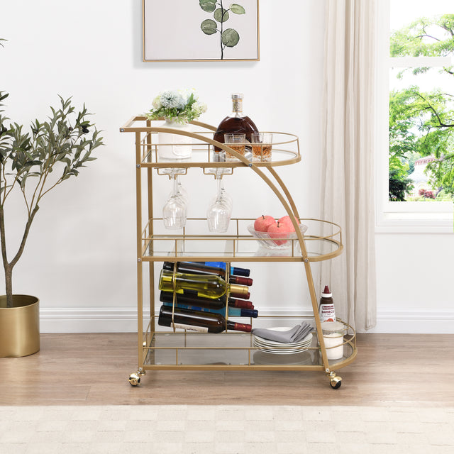 Golden Mobile Bar Cart Serving Wine Cart with Wheels, 3-tier Metal Frame Elegant Wine Rack for Kitchen, Party, Dining Room and Living Room