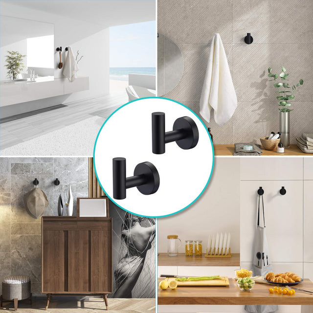 Bathroom Towel Hook, Shower Hook Wall Mounted SUS 304 Stainless Steel, Modern Hand Towel Hook Matte Black, Robe Coat Clothes Hook Round for Kitchen Garage Hotel, 2 Pack.