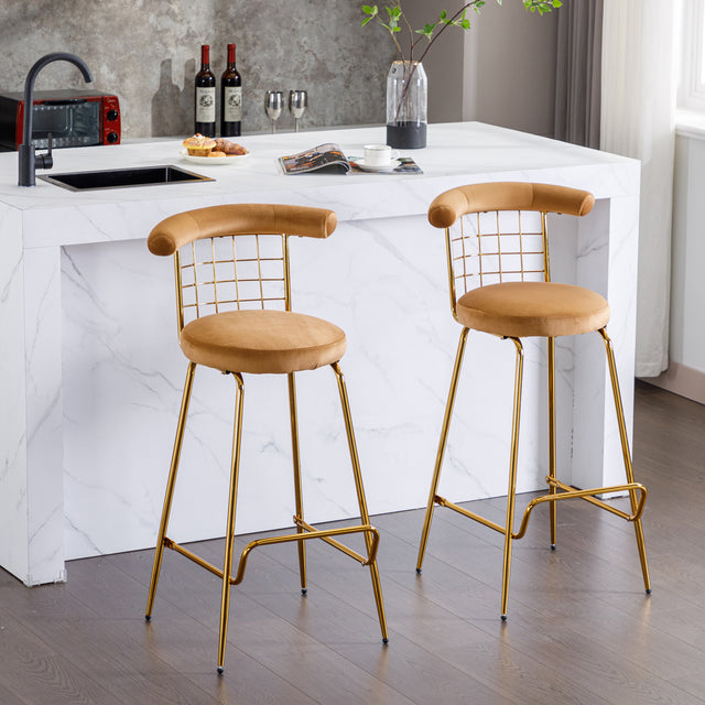 Bar Stool Set of 2, Luxury Velvet  High Bar Stool with Metal Legs and Soft Back, Pub Stool Chairs Armless Modern Kitchen High Dining Chairs with Metal Legs, Camel
