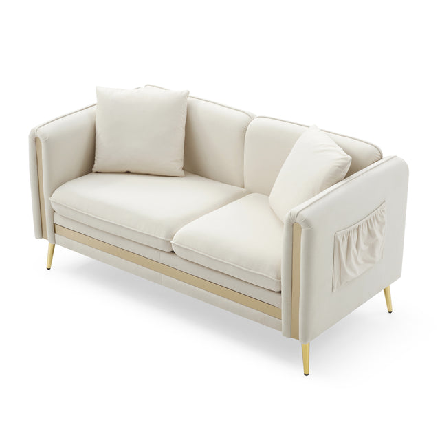 59” Modern Upholstered Velvet Loveseat Sofa 2 Seater Couch with Removable Cushions Side Pocket Mid-Century Tufted Living Room Set Gold Metal Legs,2 Pillows Included,Beige