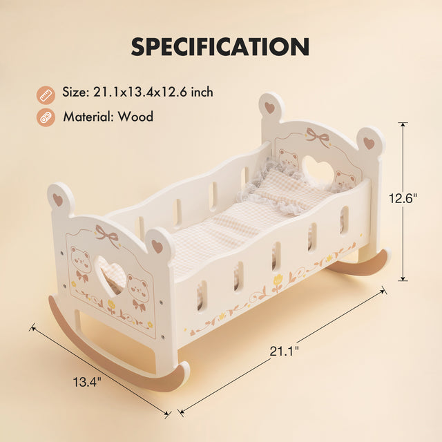 Baby Crib, Rocking Wooden Play Cradle for Dolls, Best Gift for Kids and Dementia Elderly(Brown)
