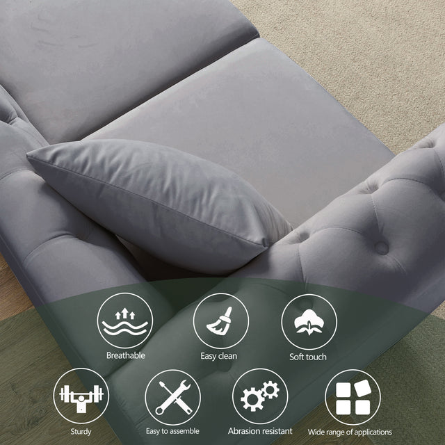 [Video] 80" Chesterfield Sofa Grey Velvet for Living Room, 3 Seater Sofa Tufted Couch with Rolled Arms and Nailhead for Living Room, Bedroom, Office, Apartment, two pillows
