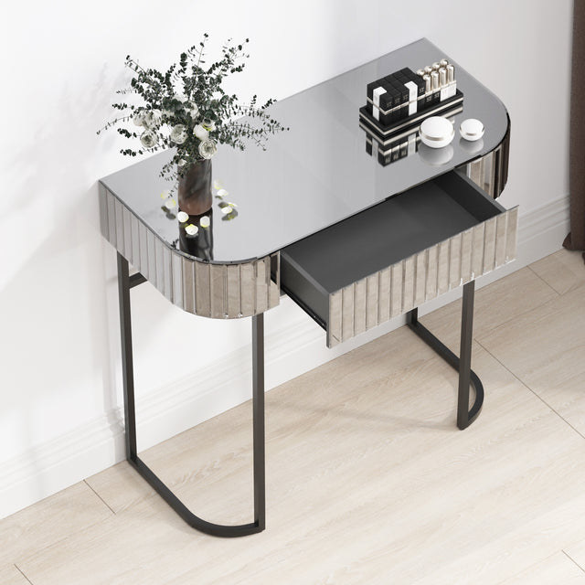 Mirrored Vanity Table, Mirrored Dressing Table, Iron Frame Desk for Bedroom Studio Office(Gray Striped Mirrored)