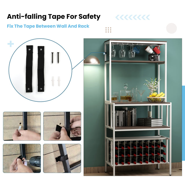 TOPMAX Updated Industrial Modern 5-Tier Baker Rack, Freestanding Bar Wine Rack Table with Glass& Cup Holders&Hooks,  Dark Brown