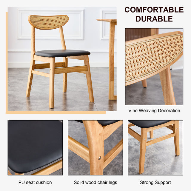 Solid Wood Dining Chair Stylish and Durable Small with Curved Backrest, PU+Foam Cushion, and Plastic Rattan Surface - Perfect for Any Room Décor and Daily Use