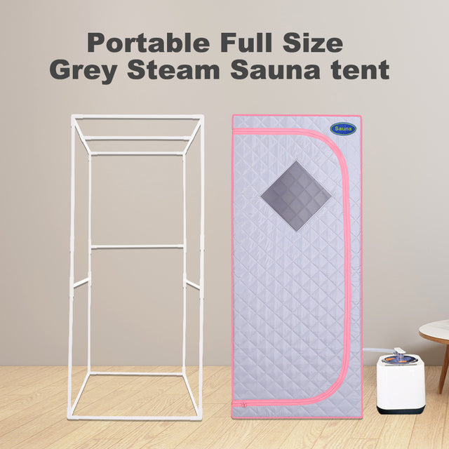 Full Size Portable Grey Steam Sauna tent–Personal Home Spa, with Steam Generator, Remote Control, Foldable Chair, Timer and PVC Pipe Connector Easy to Install.Fast heating, with FCC Certification