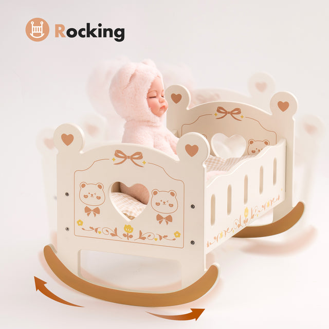 Baby Crib, Rocking Wooden Play Cradle for Dolls, Best Gift for Kids and Dementia Elderly(Brown)