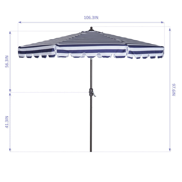 Outdoor Patio Umbrella 9-Feet Flap Market Table Umbrella 8 Sturdy Ribs with Push Button Tilt and Crank, blue/white with Flap[Umbrella Base is not Included]