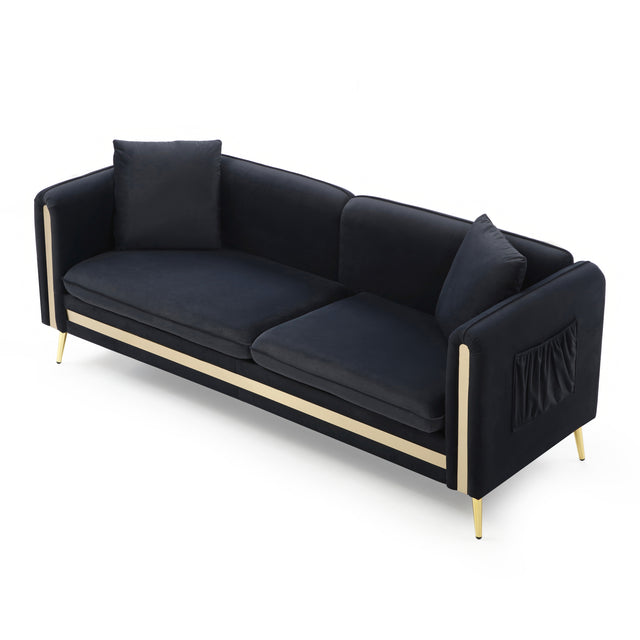 77.2” Modern Upholstered Velvet Sofa 3 Seater Couch with Removable Cushions Side Pocket Mid-Century Tufted Living Room Set Gold Metal Legs,2 Pillows Included,Black
