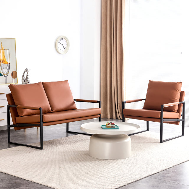 Modern Two-Seater Sofa Chair with 2 Pillows - PU Leather, High-Density Foam, Black Coated Metal Frame.Brown
