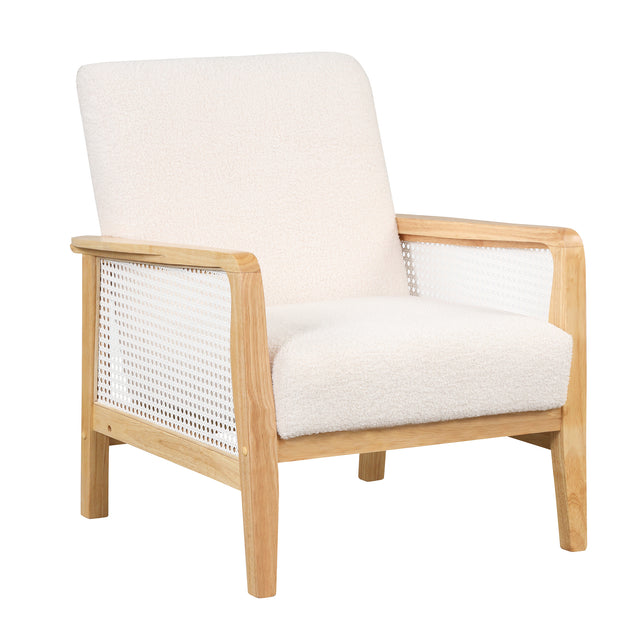 【EAT 3.10】Mid-Century Armchair Rattan Mesh Upholstered Accent Chair,Teddy Short Plush Particle Velvet Armchair for Living Room,Bedroom, Office, Studio,White