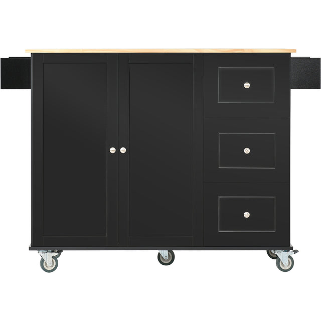 Rolling Mobile Kitchen Island with Solid Wood Top and Locking Wheels，52.7 Inch Width，Storage Cabinet and Drop Leaf Breakfast Bar，Spice Rack, Towel Rack & Drawer （Black）