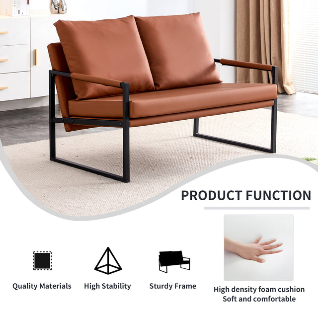 Modern Two-Seater Sofa Chair with 2 Pillows - PU Leather, High-Density Foam, Black Coated Metal Frame.Brown