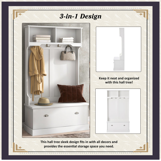 ON-TREND Hall Tree with 4 Hooks, Coat Hanger, Entryway Bench, Storage Bench, 3-in-1 Design, for Livingroom, Hallway (white)