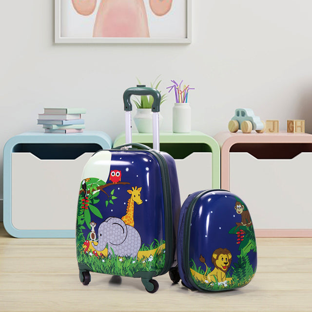 2 PCS Kids Luggage Set, 12" Backpack and 16" Spinner Case with 4 Universal Wheels, Travel Suitcase for Boys Girls,Navy Blue with Animal Patterns