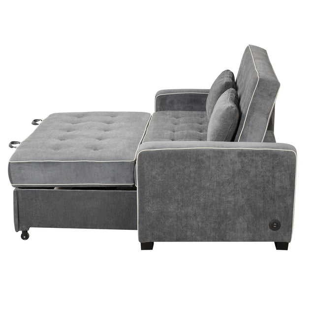 65.7" Linen Upholstered Sleeper , Pull Out Sofa Couch attached two throw pillows,Dual USB Charging Port and Adjustable Backrest for Living Room Space，Charcoal Gray