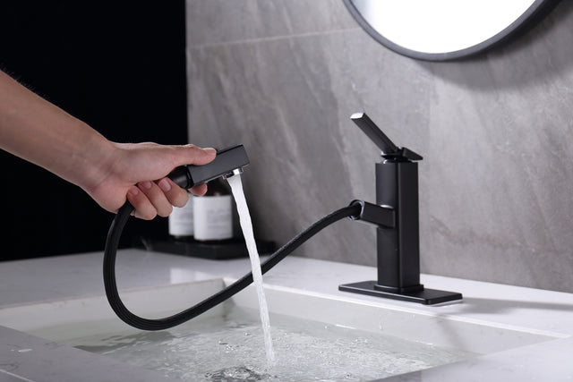 Bathroom Sink Faucet with Pull Out Sprayer, Single Handle Basin Mixer Tap for Hot and Cold Water, Lavatory Pull Down Vessel Sink Faucet with Rotating Spout